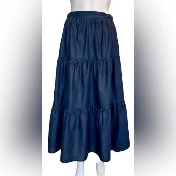 Merlette Tiered Wrap Skirt Size 6 Navy Cotton Poplin Midi Boho - Picture 2 of 11